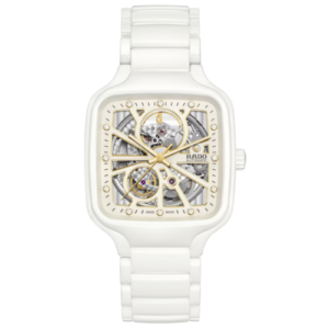The Rado True Square Skeletonits bracelet is white.