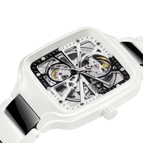 The Rado True Square Skeletonits bracelet is black and white.