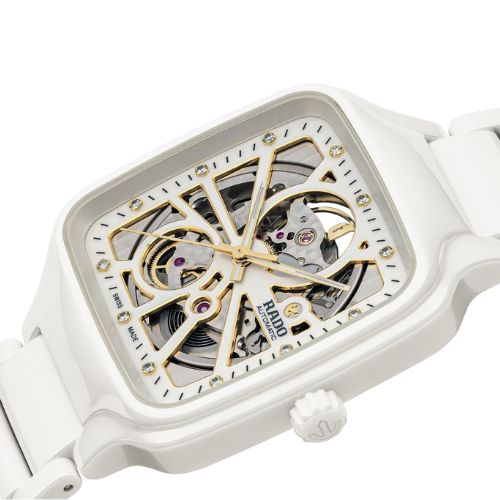 The Rado True Square Skeletonits bracelet is white.
